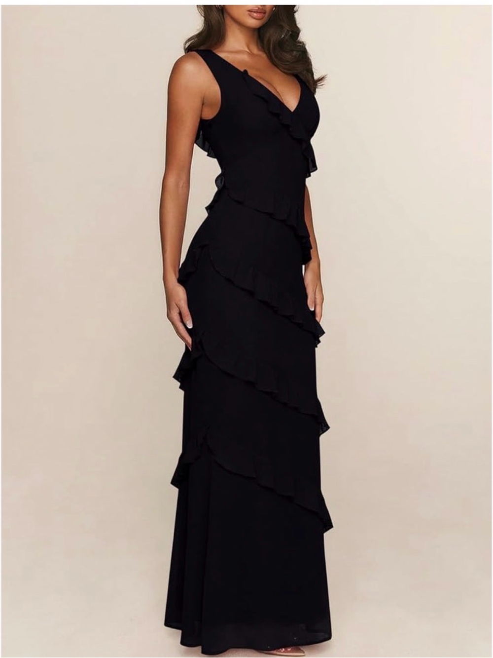 Elegant Black Ruffle V-Neck Maxi Dress